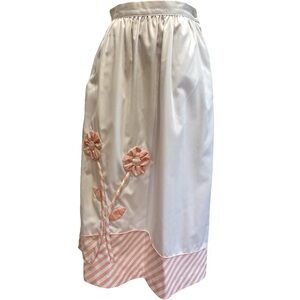 70s CATHERINE CARR COTTON WHITE W PINK FLORAL & STRIPED APPLIQUÉ MIDI SKIRT SZ S